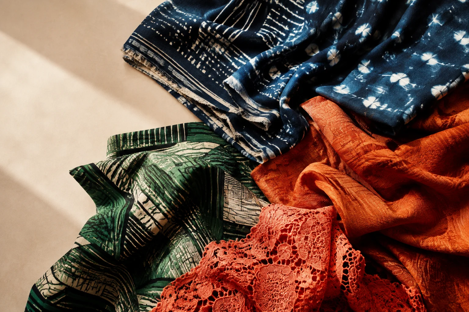 Indigo, emerald, ember and coral fabrics gathered in soft folds
